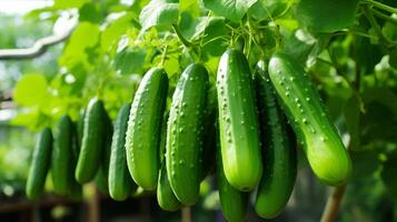 Cucumbers hanging from the plant in a greenhouse photo