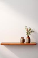 Two vases on a wooden shelf with a plant photo
