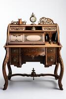 An antique desk with a clock on top photo