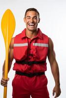 A man in a red life jacket holding a paddle photo