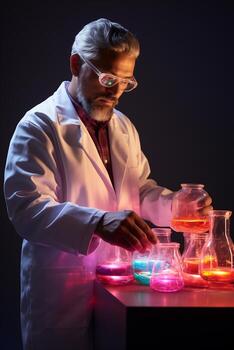 A man in a lab coat is holding a flask with colorful liquid photo
