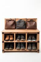A shoe rack with two bags and shoes on it photo