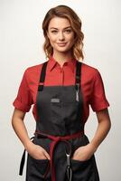 A woman wearing an apron and red shirt photo
