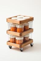 A three tiered rack with jars of jam photo