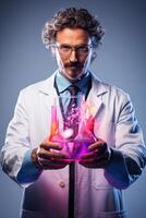 A man in a lab coat holding a glass with a glowing liquid photo
