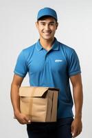 A smiling delivery man holding a box photo