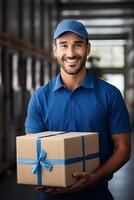 A smiling man in a blue shirt holding a box photo