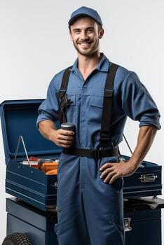 un hombre en mono en pie siguiente a un azul caja de herramientas foto