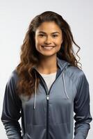A woman wearing a blue jacket and smiling photo