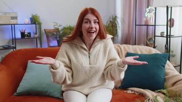 Redhead woman girl asking why, what reason of failure demonstrating disbelief irritation by troubles video