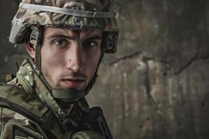 Young soldier wearing camouflage helmet posing with serious expression in front of damaged wall photo