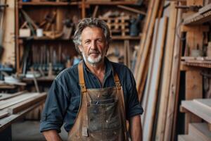 Skilled carpenter displaying craftsmanship in workshop with tools and wood planks photo