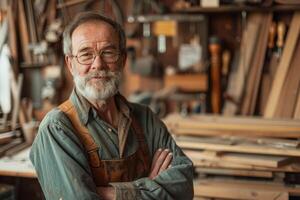 Elderly carpenter joyfully crafts in busy workshop, with tools and wood, displaying years of talent and experience in woodworking craft photo
