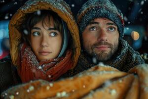 Young couple snuggled under a blanket, with snowflakes softly falling on them in the midst of a enchanting winter evening, evoking feelings of closeness and mutual comfort photo
