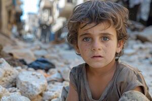 Eerie image of a waraffected child with a dirty face, staring intensely in the midst of destruction and debris photo