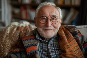 Gentle elderly man radiates wisdom and calmness, smiling warmly under a cozy, patterned blanket in a comfortable, homely setting, highlighting the elegance of graceful aging photo