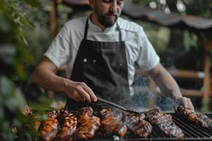 Chef grills savory meats at a backyard bbq, serving up smoky delights for a summer bash photo