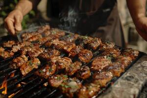 Closeup shot of meat skewers grilling on an open flame at an outdoor bbq, with smoke swirling in the background for a delicious summer feast photo