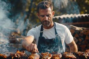 Joyful man grills meat in his backyard on a sunny day, creating a festive atmosphere for a summer bbq with loved ones photo