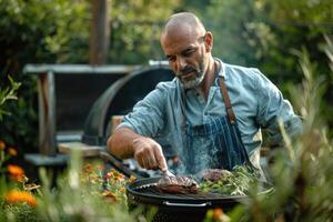 Man grills steaks in a lush garden, surrounded by greenery and flowers on a sunny day, with smoke rising from the barbecue photo