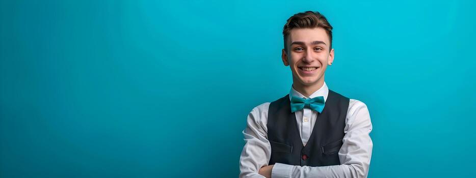 Cheerful Young Concierge Excelling in Guest Services A Portrait on a Colorful Background photo