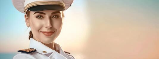 Cheerful Cruise Ship Attendant Exuding Happiness and Professionalism in a Colorful Seascape photo