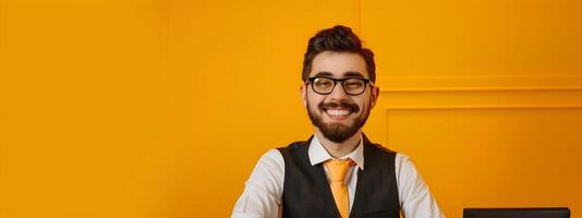 Cheerful Hotel Receptionist Exuding Professionalism in Vibrant Workspace photo