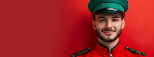 Cheerful Bellhop Posing with Luggage in a Vibrant Hotel Lobby photo