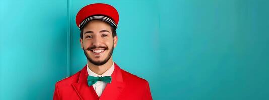 Cheerful Bellhop Exuding Positivity in Vibrant Workspace photo