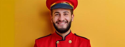 Cheerful Bellhops Vibrant Portrait Showcasing Enthusiasm in Colorful Uniform photo