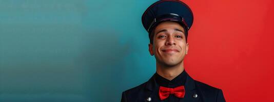 Cheerful Young Bellhop in Action A Portrait of Devoted Hospitality photo