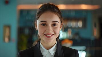 Cheerful Hotel Receptionist Excelling in Guest Services photo