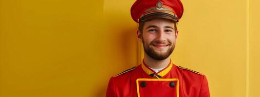 Cheerful Young Bellhop Exuding Enthusiasm in a Portrait on a Colorful Background photo
