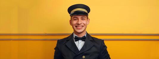 Cheerful Young Bellhop Exuding Professionalism and Enthusiasm in a Vibrant Hotel photo