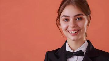 Cheerful Hotel Receptionist at Work Symbol of Exemplary Service photo