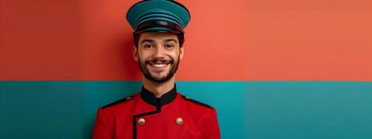 Cheerful Young Bellhop Exuding Professionalism and Enthusiasm in Vibrant Hotel Setting photo