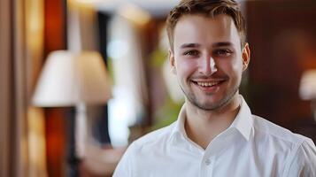 Cheerful Hotel Manager Exuding Professionalism in Vibrant Work Environment photo