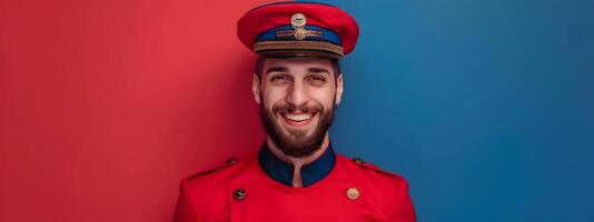 Cheerful Young Bellhop Exuding Enthusiasm in Vibrant Hotel Lobby photo