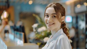 Cheerful Front Desk Associate Excels in Dynamic Office Workspace photo