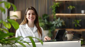 Cheerful Front Desk Associate Excelling in Job Duties A Portrait of Customer Service Excellence photo