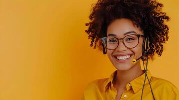 Cheerful Call Center Representative Excelling in Work Amidst Colorful Background photo
