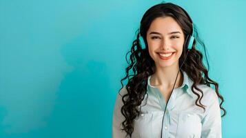 Cheerful Customer Support Representative Excelling in Job Responsibilities on Colorful Background photo