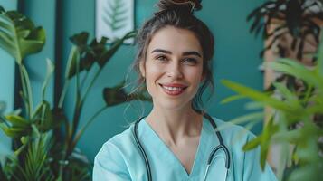 Cheerful Young Therapist Exuding Positivity While Working on a Colorful Background photo
