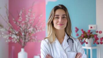 Cheerful Young Therapist Engaged in Empathetic Helping Session on Colorful Background photo