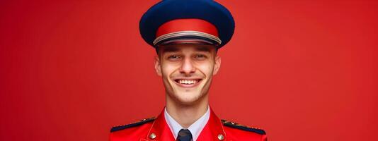 Cheerful Young Bellhop Exuding Professional Commitment in a Portrait photo