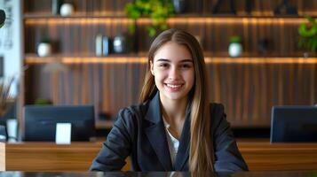 Cheerful Front Desk Associate Demonstrating Hospitality and Professionalism in a Vibrant Workspace photo