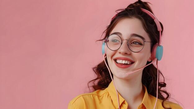 Cheerful Customer Support Representative Excelling in Service Delivery on Colorful Background photo