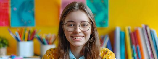 Cheerful School Counselor Working Diligently at Desk Offering Guidance and Support photo