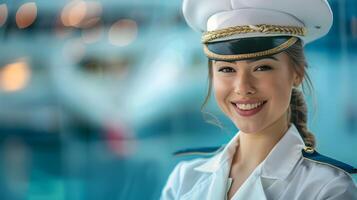 Cheerful Cruise Ship Attendant in Vibrant Uniform Exemplifying Exceptional Service on the Ocean Waves photo