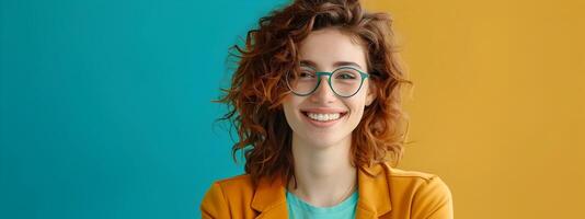 Cheerful Young Mental Health Counselor Working on a Colorful Background Symbolizing Hope and Guidance photo